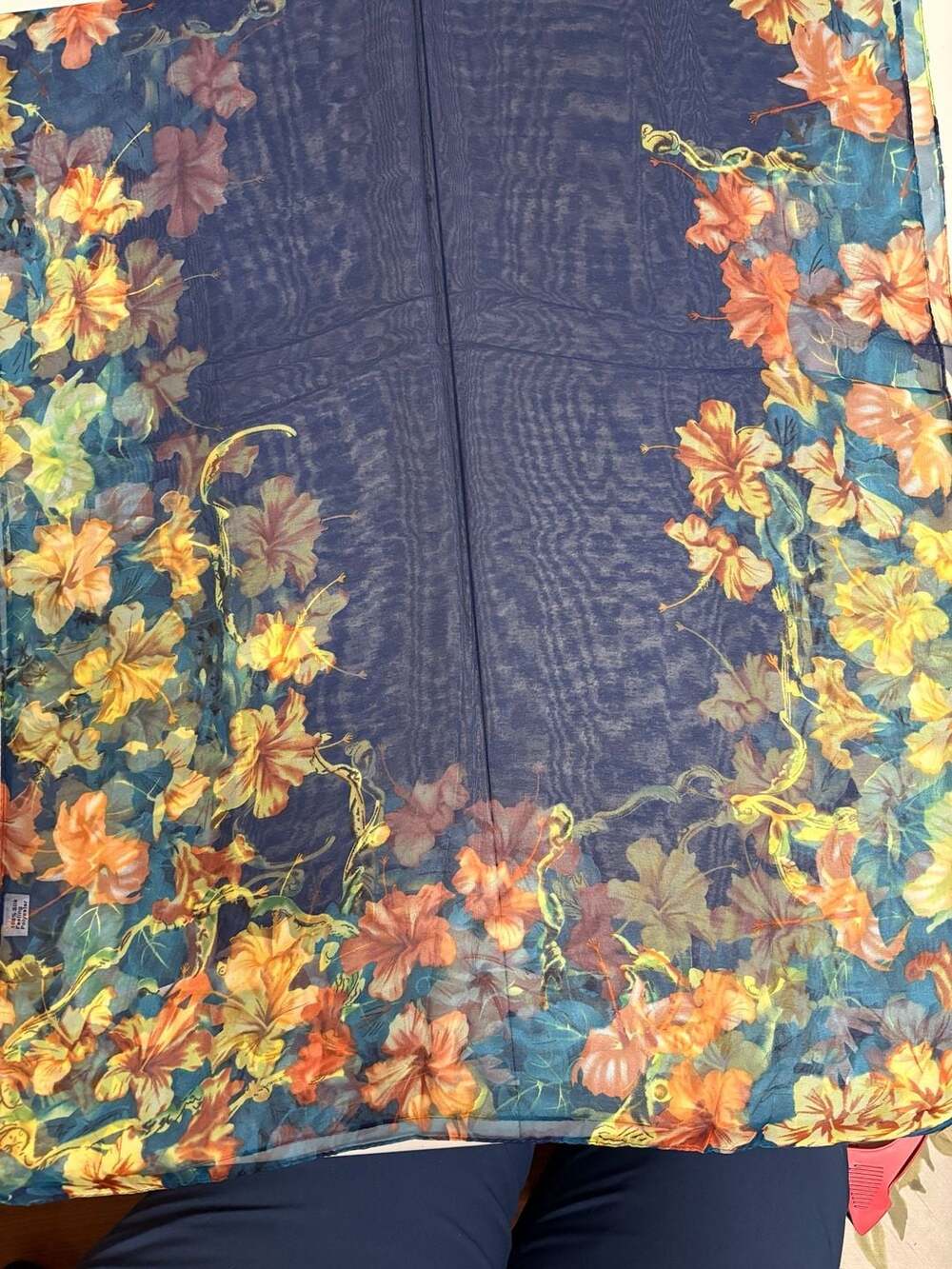 Navy Blue Floral Print Sheer Lightweight Scarf with Yellow and Orange Flowers